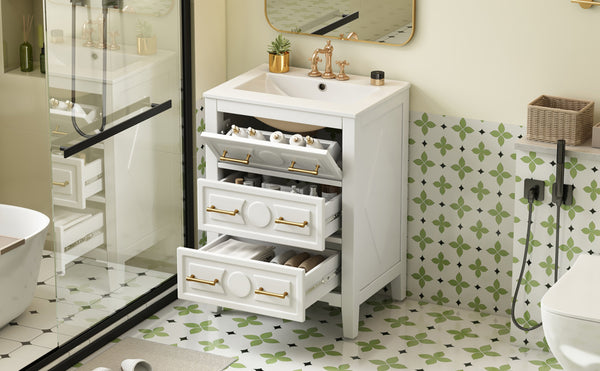 English Elm 24'' Bathroom Vanity with Ceramic Sink and 3 Drawers Retro Solid Wood Frame Freestanding Storage White N710P371184K