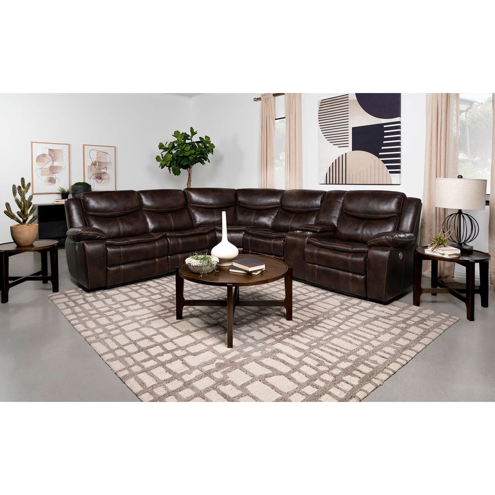 English Elm McLean Dark Brown Power Reclining Sectional Sofa with Faux Leather, Pillowtop Arms & Storage Console B062S01117