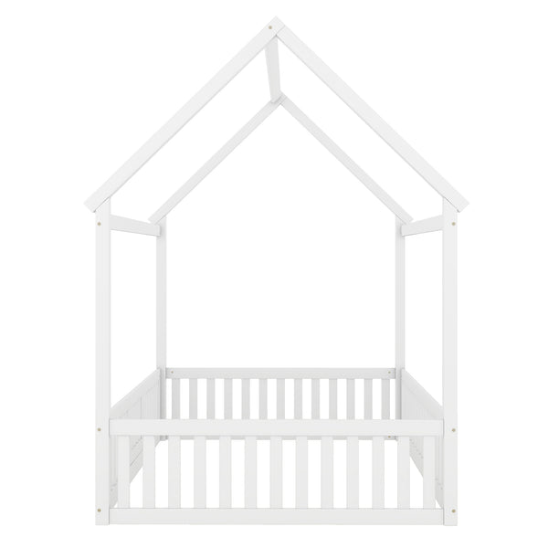 English Elm Full Full Size Wood House Bed with Roof, Fence & Working Door in Washed White Pine — Cozy Play Loft Retreat for Kids (78.1" L x 55.8" W x 77.2" H) WF531502AAK