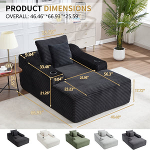 English Elm 67" Corduroy Oversized Chaise Sleeper Sofa Deep Seat Boneless Lounge with Cup Holder Pillows Black W1803P409253