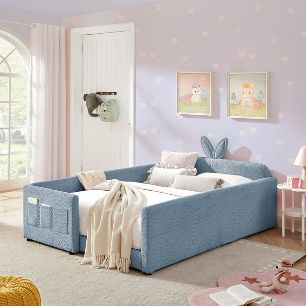 English Elm Full Size Boucle Platform Bed Whimsical Rabbit Ear Headboard with Safety Rail Sky Blue W1413S00137