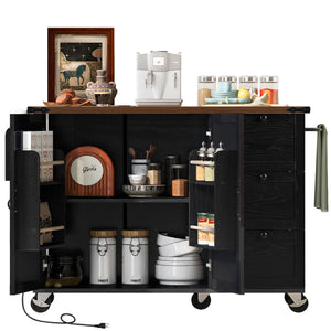 English Elm K&K 54.5" Farmhouse Kitchen Island with Drop Leaf, Built-In Power Station, Rolling Storage Cart Black N707P170349B