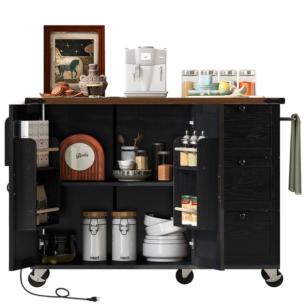 English Elm K&K 54.5" Farmhouse Kitchen Island with Drop Leaf, Built-In Power Station, Rolling Storage Cart Black N707P170349B