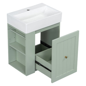 English Elm 20-Inch Compact Bathroom Vanity with Ceramic Sink, Wall-Mounted MDF Cabinet, Modern Space-Saver Design Green N725P314023F