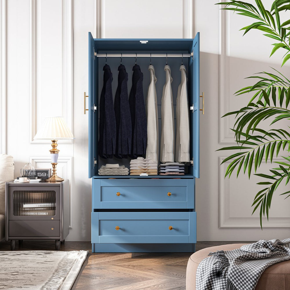 English Elm Shaker Two Door Wardrobe Armoire with Hanging Rod Drawers and Bedroom Storage T3210P477664