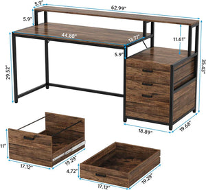 English Elm Sturdy Two-tier Computer Desk with File Cabinet and Monitor Riser for Home Office Black,Rustic Brown T3971P450685