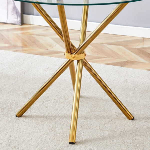 English Elm A Round Tempered Glass Dining Table with Sculptural Black Metal Legs for Modern Spaces W1151P411358