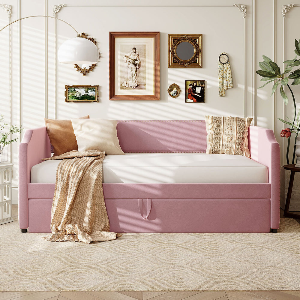 English Elm Twin Velvet Upholstered Daybed with Pop up Trundle for Guest or Kids Rooms Pink SF000197AAH