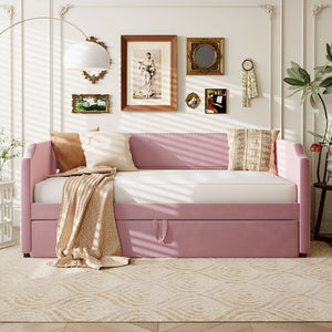 English Elm Twin Velvet Upholstered Daybed with Pop up Trundle for Guest or Kids Rooms Pink SF000197AAH