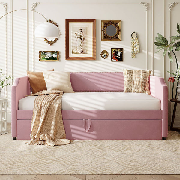 English Elm Twin Velvet Upholstered Daybed with Pop up Trundle for Guest or Kids Rooms Pink SF000197AAH