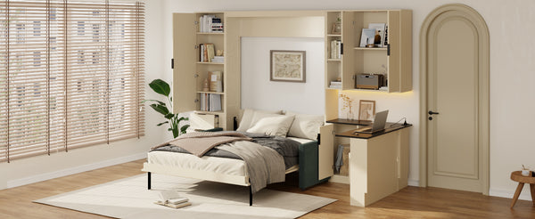 English Elm Queen Murphy Wall Bed Hydraulic Lift Velvet Sofa Built-in Shelves Led Studio Unit Cream LP000392AAA