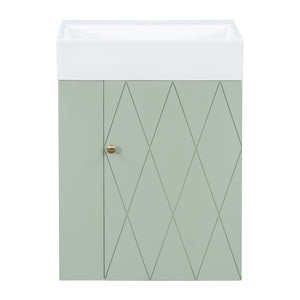English Elm 20 Modern Wall-Mounted Bathroom Vanity with Ceramic Sink, Diamond Door, Gold Handles & Shelves — Compact Green N725P314033F