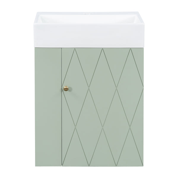 English Elm 20 Modern Wall-Mounted Bathroom Vanity with Ceramic Sink, Diamond Door, Gold Handles & Shelves — Compact Green N725P314033F