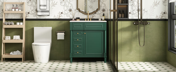 English Elm 30" Bathroom Vanity with Sink — Freestanding Modern Cabinet with Soft-Close Door, 2 Deep Drawers, Durable Basin Green N710P288938F