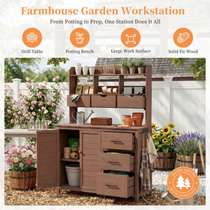 English Elm (with Hutch) Topamx Solid Fir Potting Bench Patio Workstation Spice Rack Drawer Brown N717P404331D