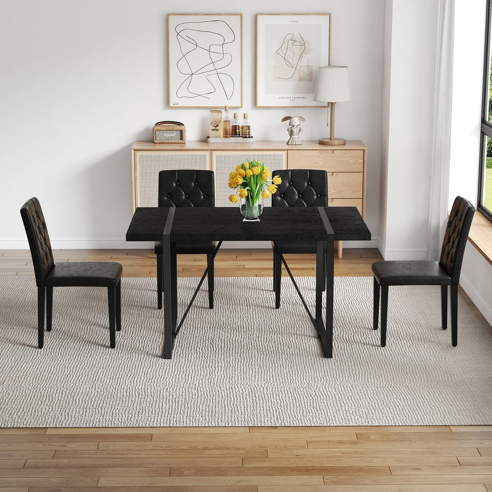 English Elm Black Faux Wood Grain Mdf Rectangular Dining Set with Ergonomic Pu Chair Seating W1151S04373