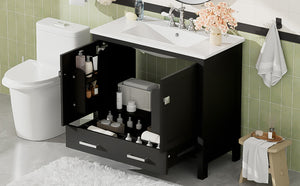 English Elm 36" Black Bathroom Vanity with Ceramic Sink, Soft-Close Doors, Divided Drawer & Double Shelves — Modern Storage Solution for Small to Medium Baths N729P276609B