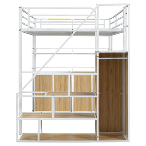 English Elm Full Size Metal Loft Bed with Desk, Storage Staircase, Wardrobe & Shelves — Space-Saving White GX002219AAK