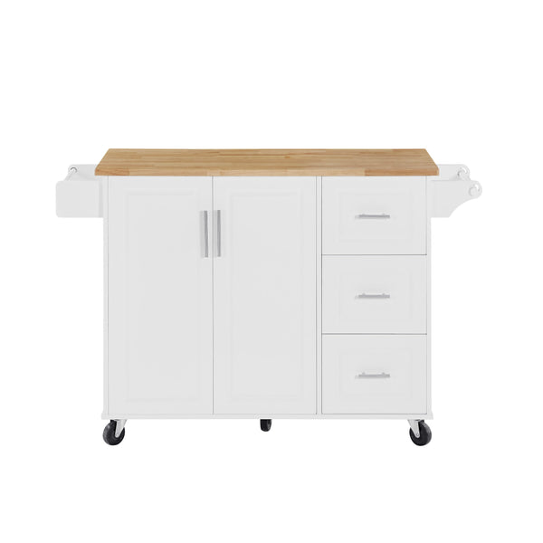 English Elm Kitchen Island Cart with Drop-Leaf Rubberwood Countertop, Rolling Tower Rack, Drawers & Spice Storage White W1820P195005