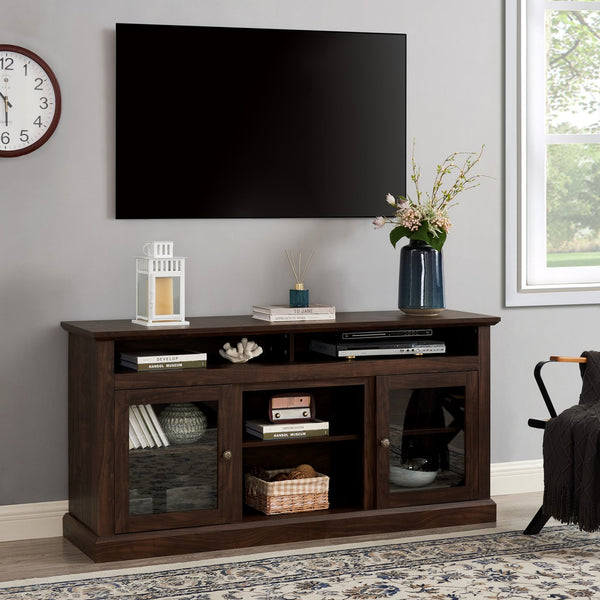 English Elm Modern TV Stand 60" Brown Entertainment Center for TVs up to 65" with Glass Doors, 3 Adjustable Shelves, Cable Management and Durable MDF Construction W2275P210030