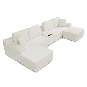 English Elm 125'' Modular L-shaped Sectional Corduroy Cloud Couch with Storage and Usb Ports W1117S00427