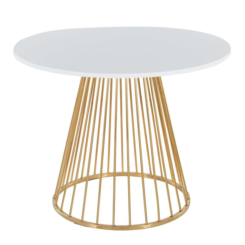 English Elm Contemporary Round Dining Table with Gold Cage Base and White Lacquered Mdf Top B202S01103