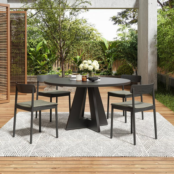 English Elm 47" Round Wood Dining Table Seats Six with Industrial Metal Base for Modern Homes Black T3623P433916