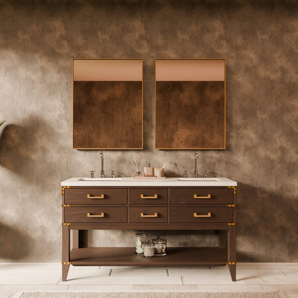 English Elm Brown Oak Double Bath Vanity With White Quartz Top & 28 In. Mirrors - Elegant Storage Solution! B2731S01632