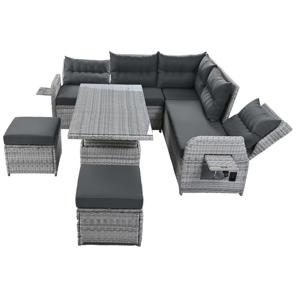 English Elm Outdoor Furniture Set: Modern Rattan Patio Set With Adjustable Recliners, Glass Tables & Ottomans N719Z000120E-GIGA