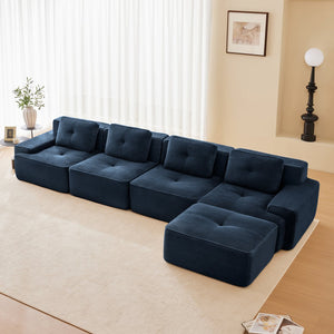 English Elm 153" Modern L-Shaped Modular Sectional Sofa: Cozy 4-Seater With Tufted Design & Movable Ottoman, Blue W714S01499