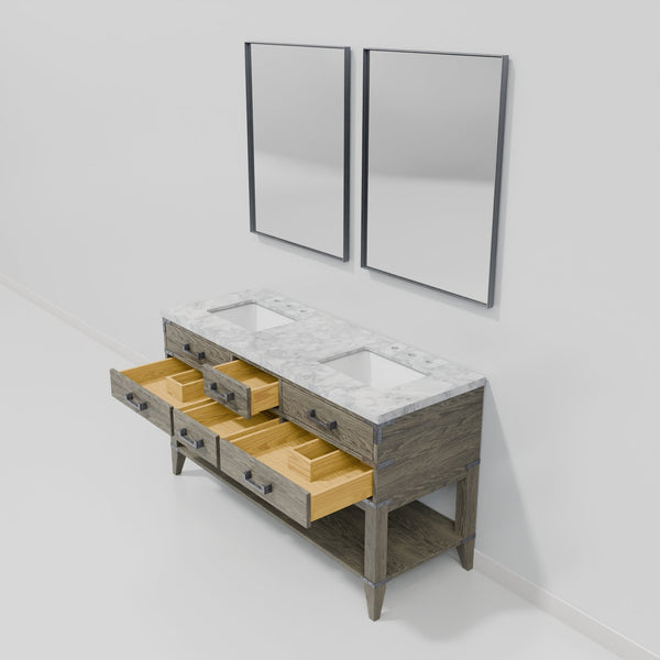English Elm Grey Oak Double Bath Vanity With Carrara Marble Top, Soft-Close Drawers & Matching Mirrors, 65” W B2731S01637
