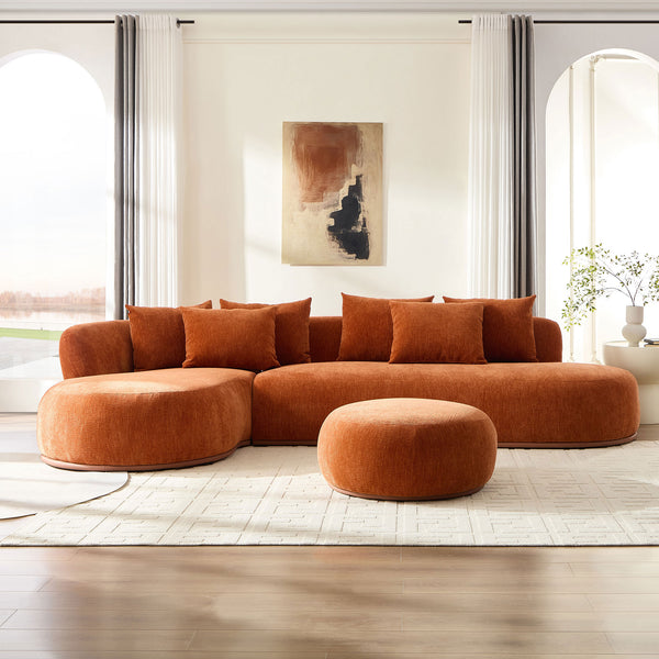 English Elm 134.6" Oversized L-Shaped Sectional Sofa with Ottoman, 6 Pillows, Orange Modern Deep-Seat Comfort W3208S00006