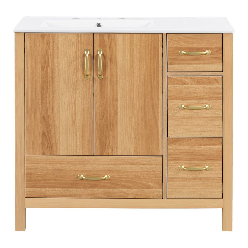 English Elm 36" Wood Bathroom Vanity Cabinet with Solid Frame, Ceramic Sink, Soft-Close Doors & Organized Drawers N729P321351N