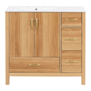 English Elm 36" Wood Bathroom Vanity Cabinet with Solid Frame, Ceramic Sink, Soft-Close Doors & Organized Drawers N729P321351N