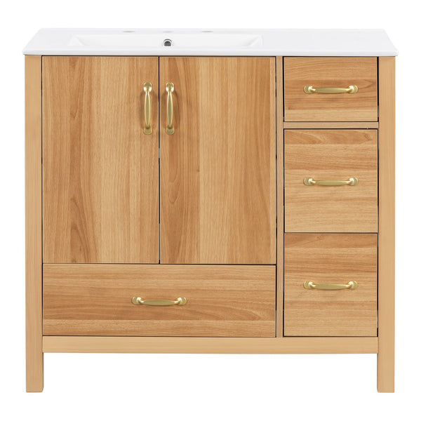 English Elm 36" Wood Bathroom Vanity Cabinet with Solid Frame, Ceramic Sink, Soft-Close Doors & Organized Drawers N729P321351N
