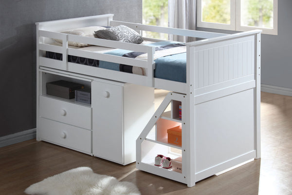 English Elm Wyatt Twin Loft Bed Set with Swivel Desk, 2-Drawer Chest & Storage Ladder in Sleek White Finish B2726S00223