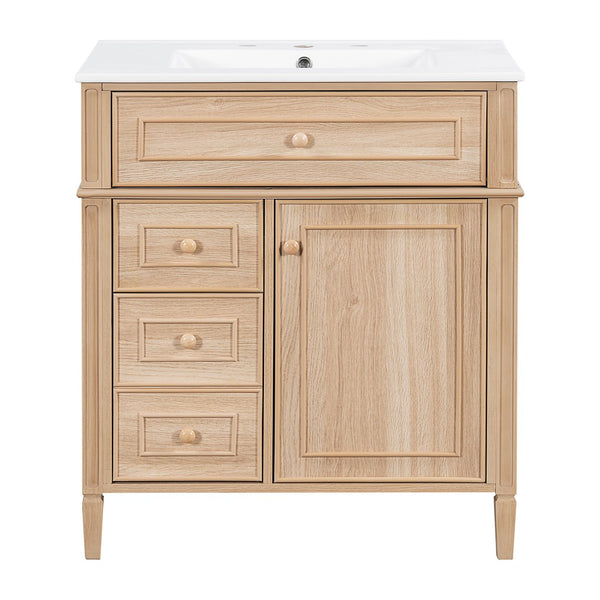 English Elm "30'' 30 Inch Freestanding Bathroom Vanity Solid Pine Cabinet Ceramic Sink Soft Close Storage N725P375498T