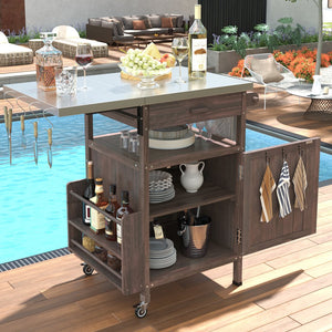 English Elm K&K 40.5" Outdoor Grill Cart with 201 Stainless Top, Solid Fir Storage, Drop Leaf & Lockable Wheels Brown N707P228272Z