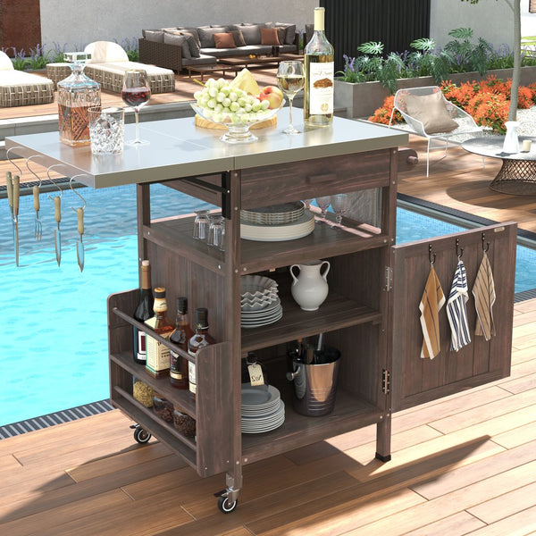 English Elm K&K 40.5" Outdoor Grill Cart with 201 Stainless Top, Solid Fir Storage, Drop Leaf & Lockable Wheels Brown N707P228272Z