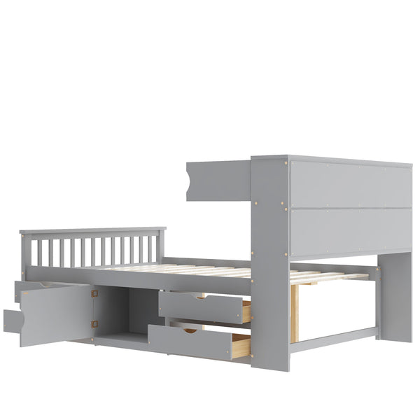 English Elm Full Size Captain Platform Bed Frame With Storage, Bookcase Headboard & Configurable Drawers, Gray N7090000473E