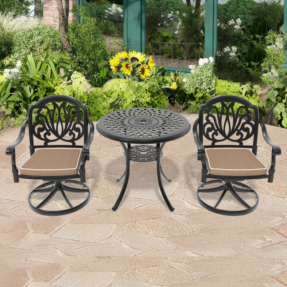 English Elm 3-Piece All-Weather Cast Aluminum Dining Set With Swivel Chairs & Round Table For Cozy Outdoor Spaces P1 W1710S00258-GIGA