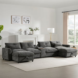 English Elm 142'' Modular Sectional Sofa - 6 Seats, Movable Ottoman, Usb Charging, Chic Chenille Style N723S9777E-GIGA