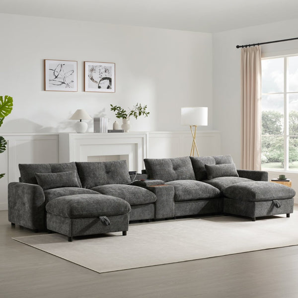 English Elm 142'' Modular Sectional Sofa - 6 Seats, Movable Ottoman, Usb Charging, Chic Chenille Style N723S9777E-GIGA