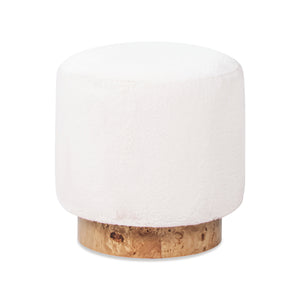 English Elm Jennifer Taylor Home - Tilly Plush 16.5" Round Fur Pouf Ottoman in Cottontail White Faux Fur with Burl Wood Base, Cozy Accent B2719P277868
