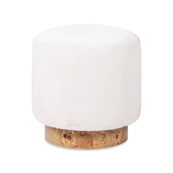 English Elm Jennifer Taylor Home - Tilly Plush 16.5" Round Fur Pouf Ottoman in Cottontail White Faux Fur with Burl Wood Base, Cozy Accent B2719P277868