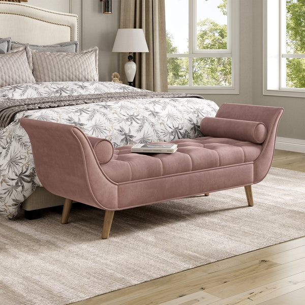 English Elm Upholstered Velvet Tufted Bench with Bolster Pillows Solid Oak Legs Bedroom Entryway Pink N761P304407H