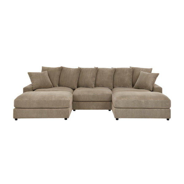 English Elm Reversible Corduroy Sectional with Ottoman Foam Cushions and Contrast Stitching Camel B343S00050