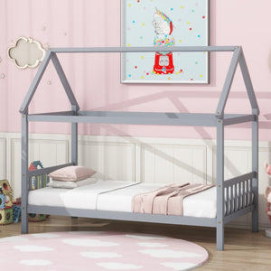 English Elm Twin House Shaped Kids Bed Solid Rubberwood Platform Frame with Storybook Silhouette W504P363901