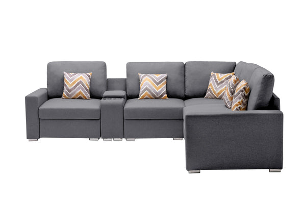 English Elm Nereo Six Piece Linen Sectional Sofa with Charging Console Storage and Reversible Layout B2749S00129