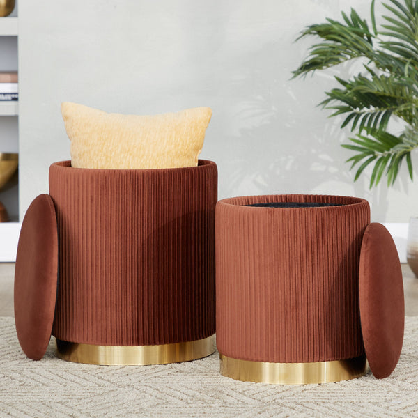 English Elm Nesting Pleated Velvet Ottoman Pair with Polished Gold Base Glam Living Room Accent B202P471509